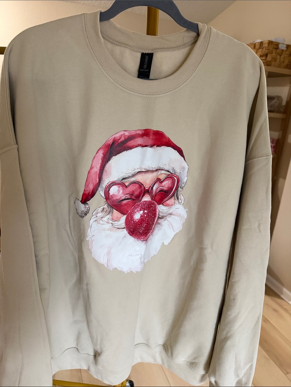 Gildan Beige Crewneck with Red Santa Heart-Glasses Graphic